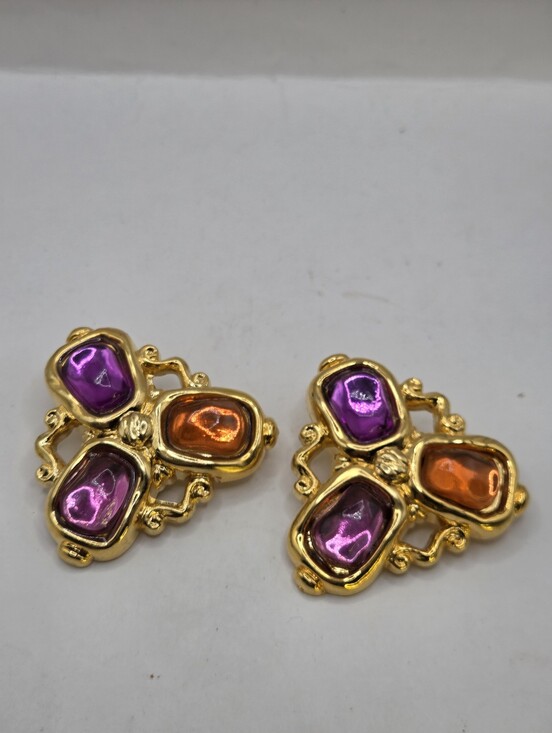 Jewelry - Huge Gold Purple Orange Cabochon Vintage DALESSIO Earrings Clip On 1980s BOLD